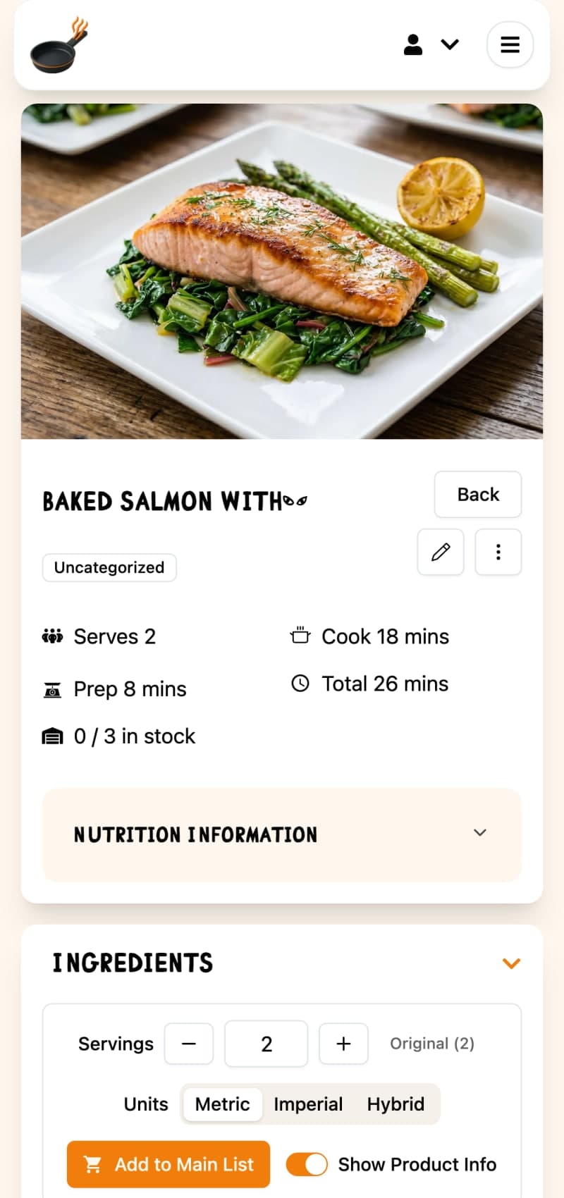 Recipe detail with nutrition info