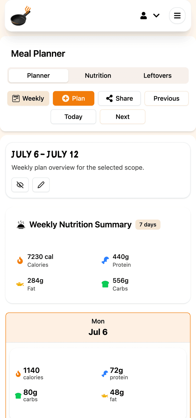 Meal planner calendar view