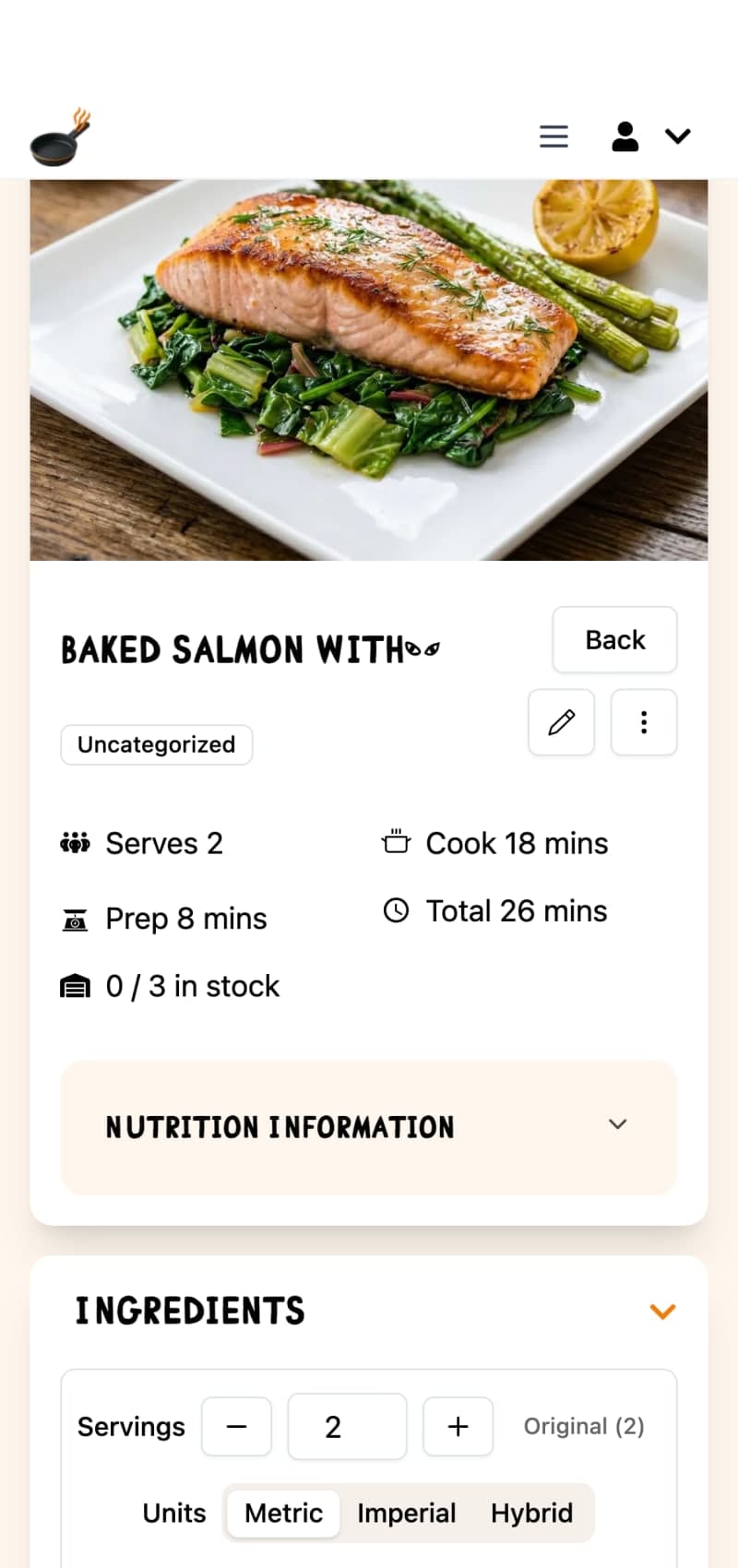 Recipe detail with nutrition info
