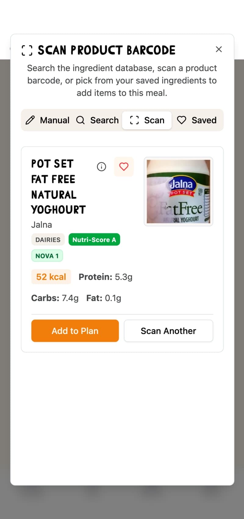 Barcode scanner showing the scanned product